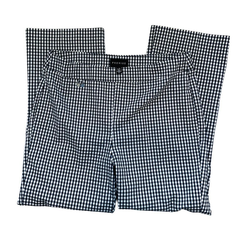 Premise Navy White Gingham Cropped Pants Size Large Pull On Stretch Coastal Prep - Picture 3 of 8